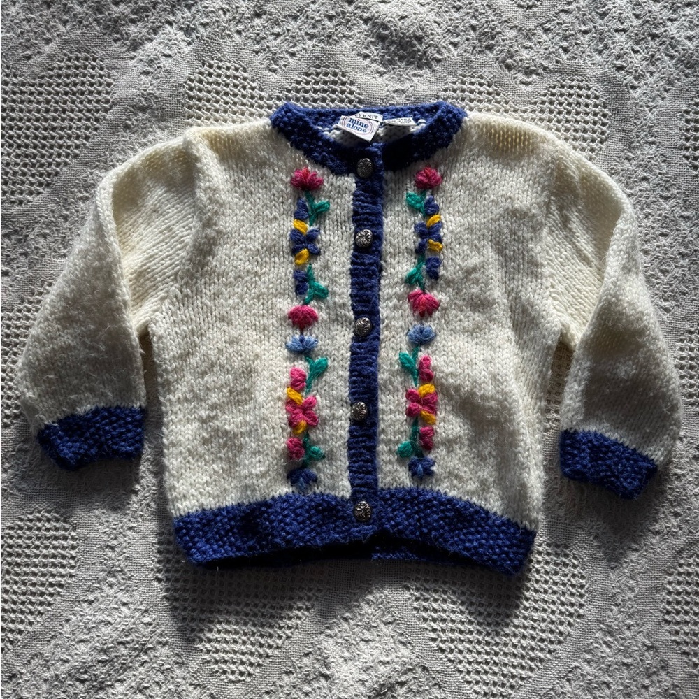 Vintage Hand Knit Floral Embroidered Cardigan 3T
